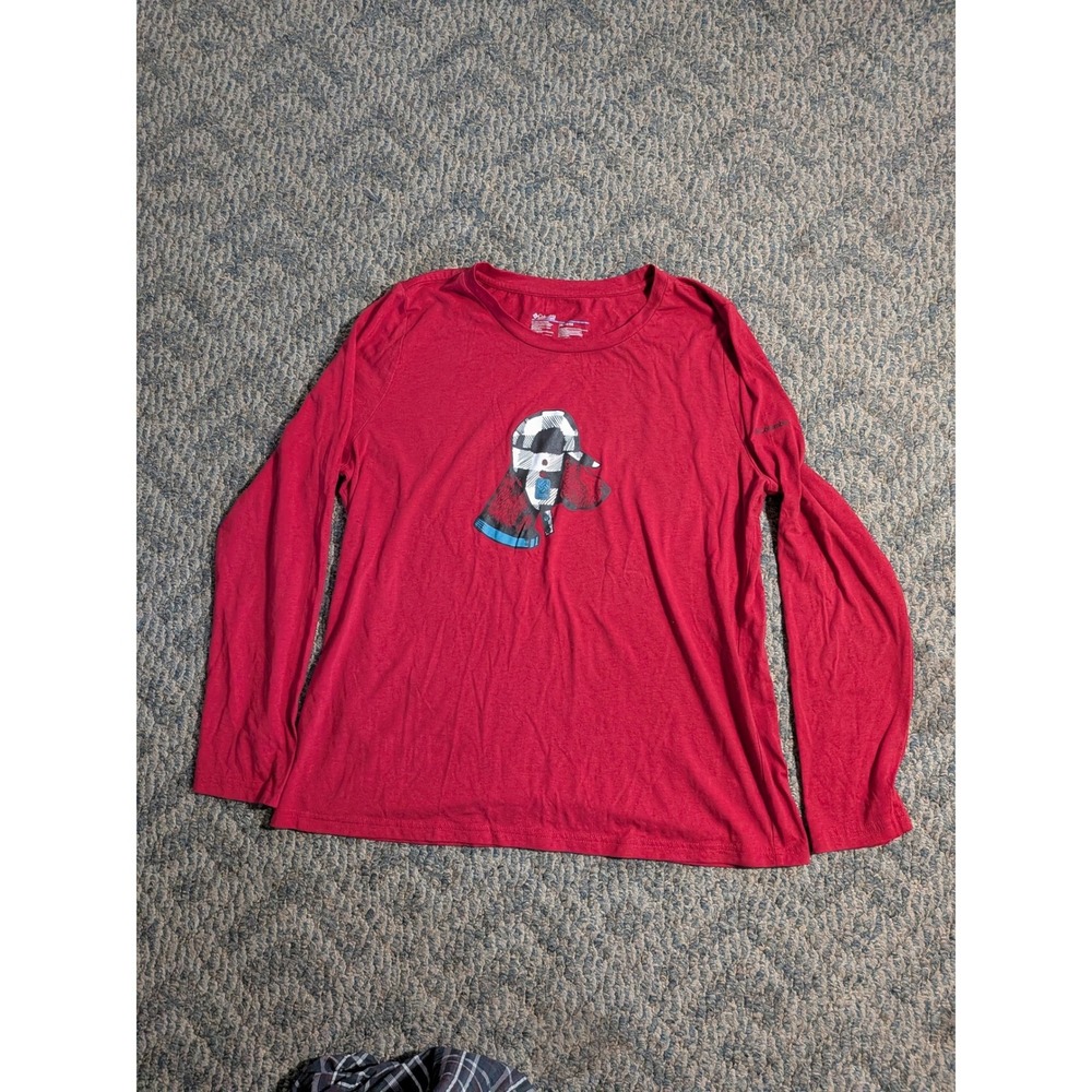 Columbia Womens Red Long Sleeve Graphic Tee Plaid Hat Print Crew Neck Shirt L